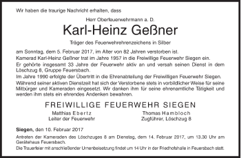 Traueranzeige von Karl-Heinz Geßner von Siegener Zeitung