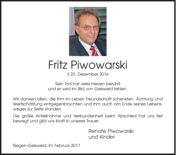 Traueranzeige von Fritz Piwowarski von Siegener Zeitung