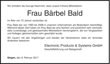 Traueranzeige von Bärbel Bald von Siegener Zeitung