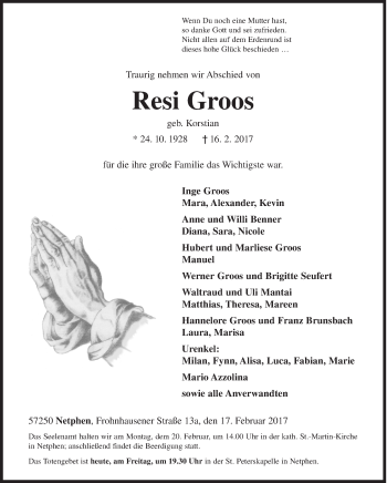 Traueranzeige von Resi Groos von Siegener Zeitung