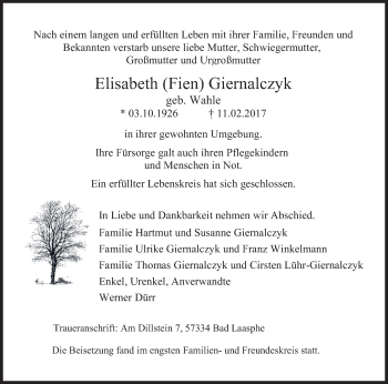 Traueranzeige von Elisabeth Giernalczyk von Siegener Zeitung