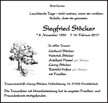 Traueranzeige von Siegfried Stöcker von Siegener Zeitung