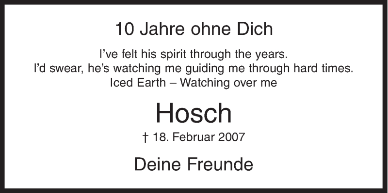  Traueranzeige für Hosch  vom 18.02.2017 aus Siegener Zeitung