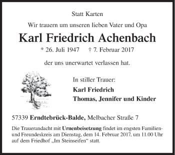 Traueranzeige von Karl Friedrich Achenbach von Siegener Zeitung