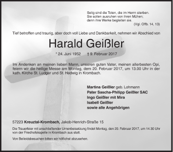 Traueranzeige von Harald Geißler von Siegener Zeitung
