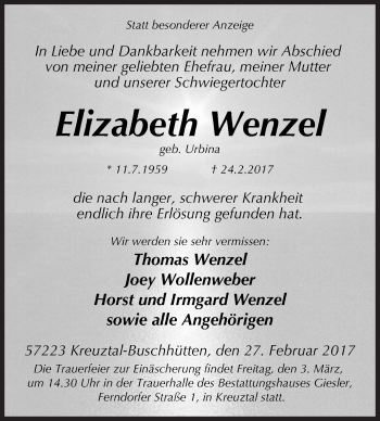 Traueranzeige von Elizabeth Wenzel von Siegener Zeitung