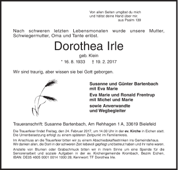 Traueranzeige von Dorothea Irle von Siegener Zeitung