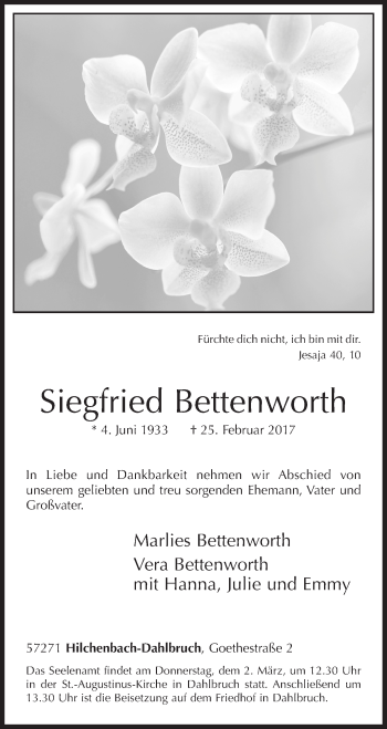 Traueranzeige von Siegfried Bettenworth von Siegener Zeitung
