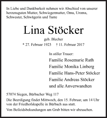 Traueranzeige von Lina Stöcker von Siegener Zeitung
