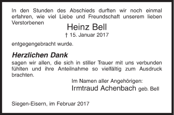 Traueranzeige von Heinz Bell von Siegener Zeitung