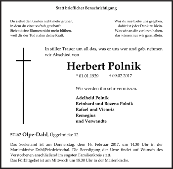 Traueranzeige von Herbert Polnik von Siegener Zeitung