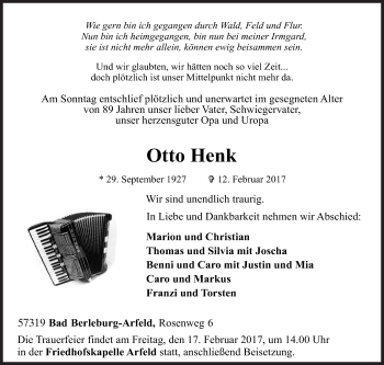Traueranzeige von Otto Henk von Siegener Zeitung