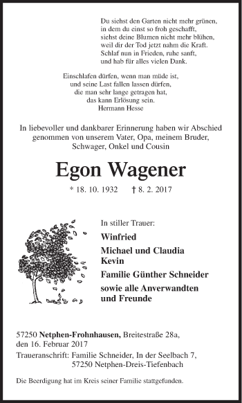 Traueranzeige von Egon Wagener von Siegener Zeitung