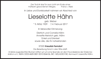 Traueranzeige von Lieselotte Hähn von Siegener Zeitung