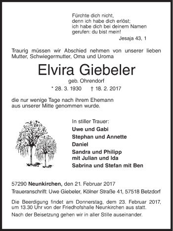 Traueranzeige von Elvira Giebeler von Siegener Zeitung