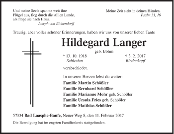 Traueranzeige von Hildegard Langer von Siegener Zeitung