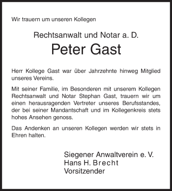 Traueranzeige von Peter Gast von Siegener Zeitung