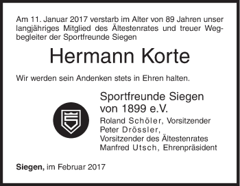 Traueranzeige von Hermann Korte von Siegener Zeitung