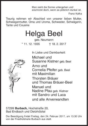 Traueranzeige von Helga Beel von Siegener Zeitung