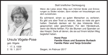 Traueranzeige von Ursula Vögele-Pose von Siegener Zeitung