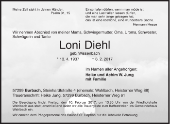 Traueranzeige von Loni Diehl von Siegener Zeitung