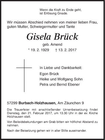 Traueranzeige von Gisela Brück von Siegener Zeitung