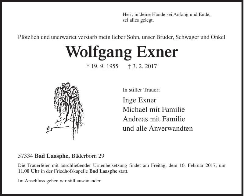  Traueranzeige für Wolfgang Exner vom 07.02.2017 aus Siegener Zeitung
