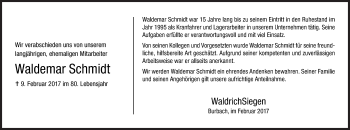 Traueranzeige von Waldemar Schmidt von Siegener Zeitung
