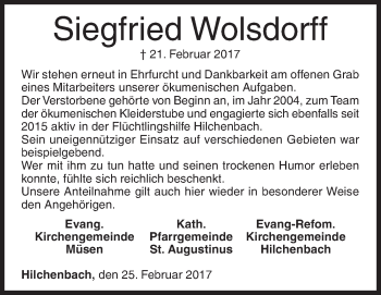 Traueranzeige von Siegfried Wolsdorff von Siegener Zeitung