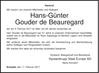 Traueranzeige von Hans-Günter Gouder de Beauregard von Siegener Zeitung