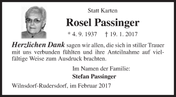 Traueranzeige von Rosel Passinger von Siegener Zeitung