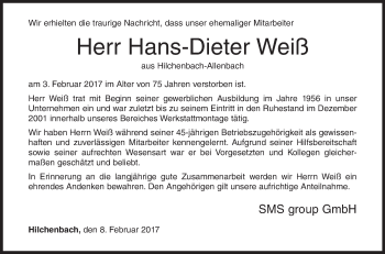 Traueranzeige von Hans-Dieter Weiß von Siegener Zeitung