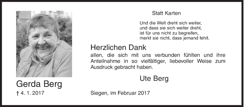  Traueranzeige für Gerda Berg vom 11.02.2017 aus Siegener Zeitung
