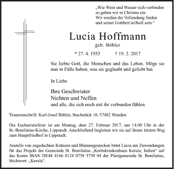 Traueranzeige von Lucia Hoffmann von Siegener Zeitung