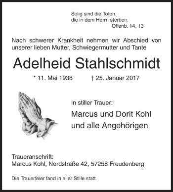 Traueranzeige von Adelheid Stahlschmidt von Siegener Zeitung