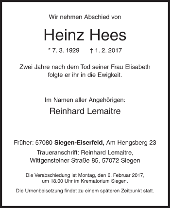 Traueranzeige von Heinz Hees von Siegener Zeitung