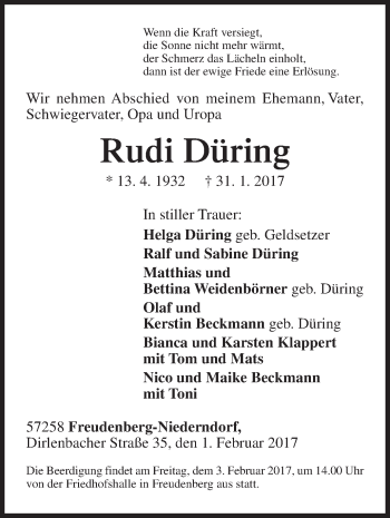 Traueranzeige von Rudi Düring von Siegener Zeitung