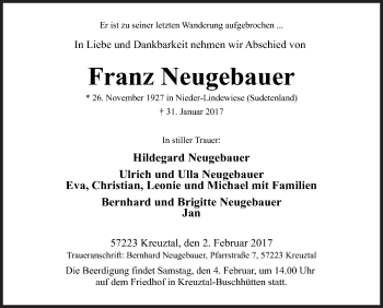 Traueranzeige von Franz Neugebauer von Siegener Zeitung
