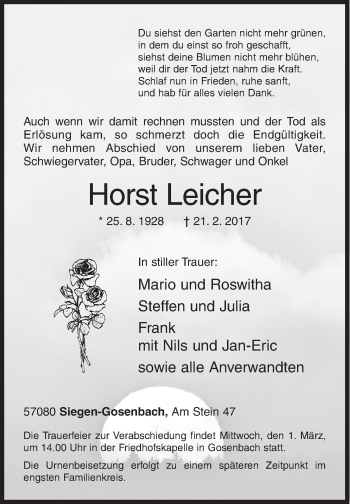 Traueranzeige von Horst Leicher von Siegener Zeitung