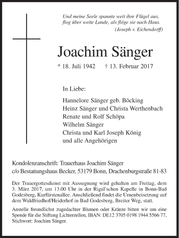 Traueranzeige von Joachim Sänger von Siegener Zeitung