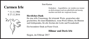 Traueranzeige von Carmen Irle von Siegener Zeitung