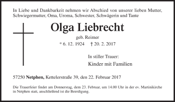 Traueranzeige von Olga Liebrecht von Siegener Zeitung