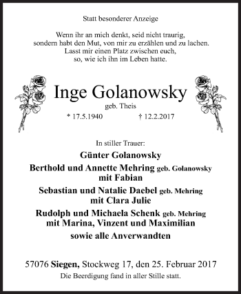Traueranzeige von Inge Golanowsky von Siegener Zeitung