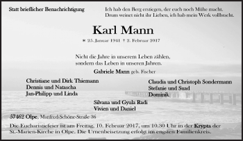Traueranzeige von Karl Mann von Siegener Zeitung