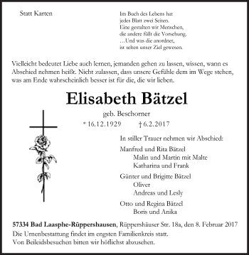 Traueranzeige von Elisabeth Bätzel von Siegener Zeitung