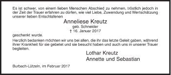 Traueranzeige von Anneliese Kreutz von Siegener Zeitung