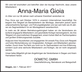 Traueranzeige von Anna-Maria Gioia von Siegener Zeitung