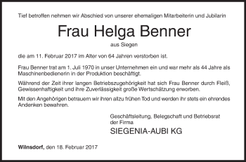 Traueranzeige von Helga Benner von Siegener Zeitung