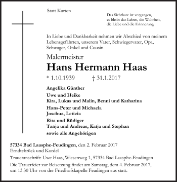 Traueranzeige von Hans Hermann Haas von Siegener Zeitung