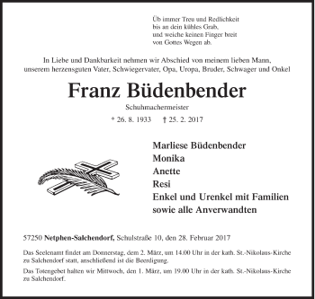 Traueranzeige von Franz Büdenbender von Siegener Zeitung